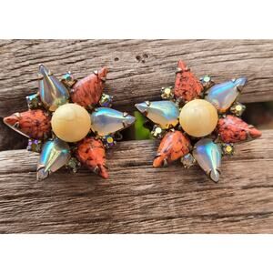 Vintage 1950's HOBE Hobé Star Shaped Faux Pearl & Art Glass Clip On Earrings